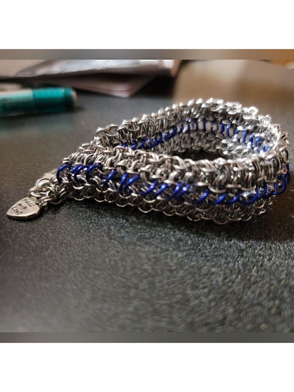 Vipera Berus Chainmail Bracelet Stainless Steel Silver Navy Blue Large #NJ1